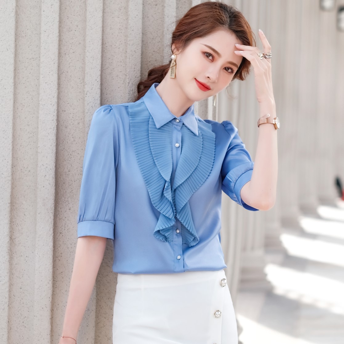 蓝色衬衫女春夏韩版高端雪纺上衣修身百搭设计感洋气时尚中袖衬衣