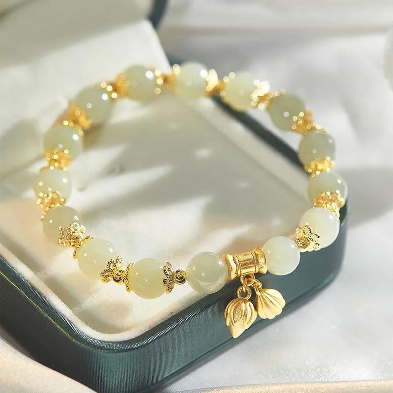 Tiktok Same Style Two Shihuan Imitation Natural Hetian Yu Bracelet Elastic String Lotus Seedpod Bracelet Light Luxury High-End Bracelet Gift