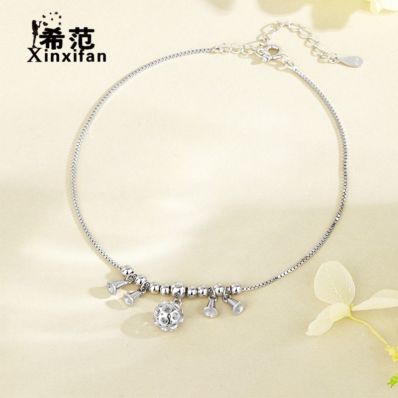 s925纯银玲珑球脚链女小众设计女宫铃古风本命年铃铛脚环2024新款