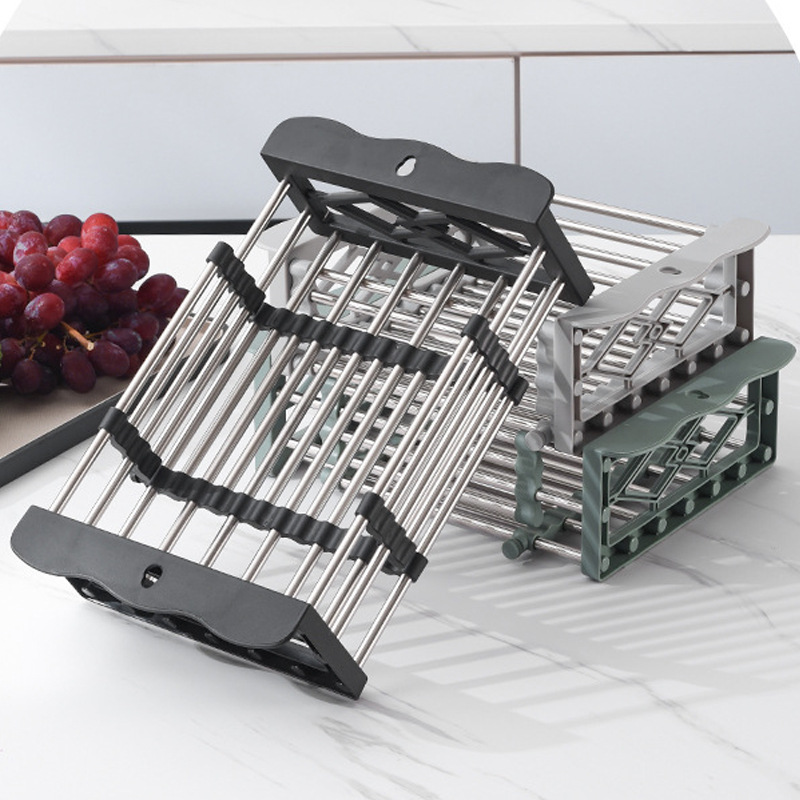 Creative Stainless Steel Sink Storage Kitchen Dish Rack Multi-Purpose Fruit and Vegetable Drain Basket Adjustable Drain Basket 0594