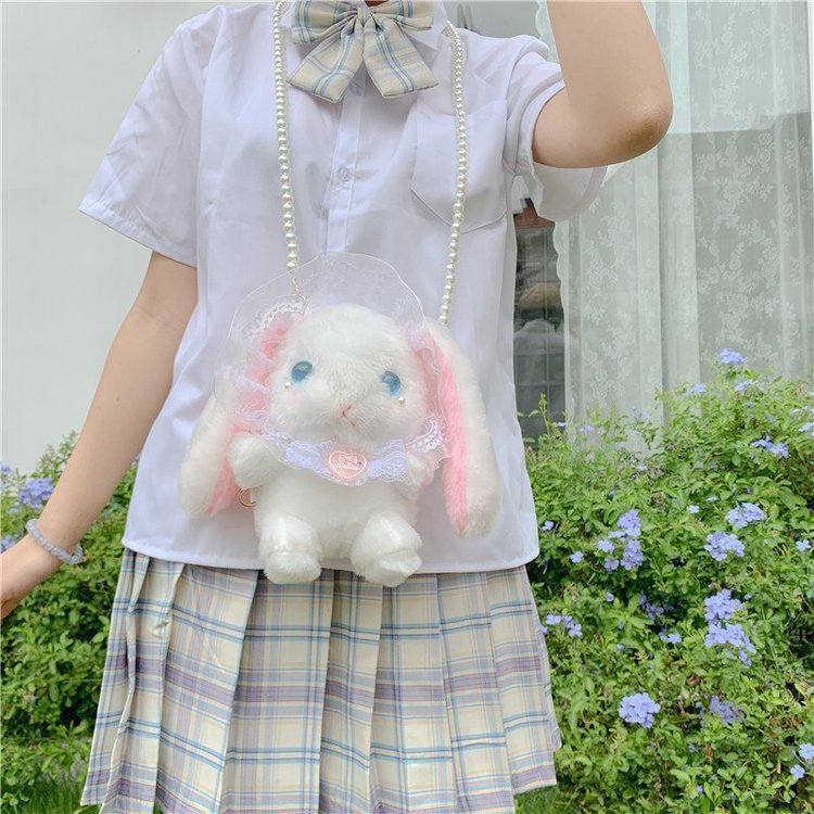 Cute Little White Rabbit Plush Bag Women 2021 Winter New Maiden Pearl Chain Bag Cartoon Shoulder Messenger Bag