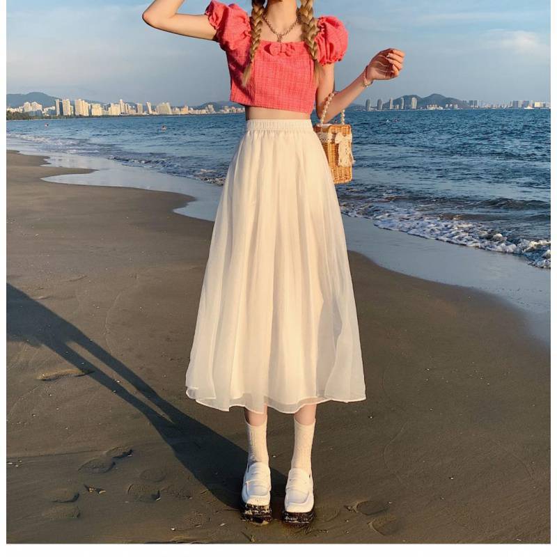 白色纱裙米色温柔风中长款仙女裙夏季新款网纱小个子半身裙女字
