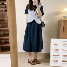 自制日系工装风衬衫连衣裙女小个子学生藏青色叠穿感短袖衬衣长裙