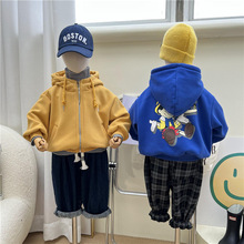韩国童装冬季儿童复合一体绒开衫连帽卫衣男女童卡通加绒拉链外套