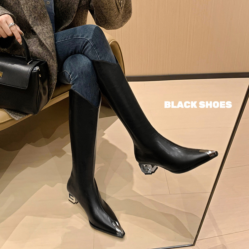 女鞋秋冬季时尚粗跟长靴女不过膝骑士靴后拉链尖头高筒靴-阿里巴巴