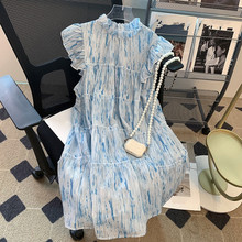设计感蓝色无袖雪纺连衣裙女夏2023新款温柔气质显瘦裙子