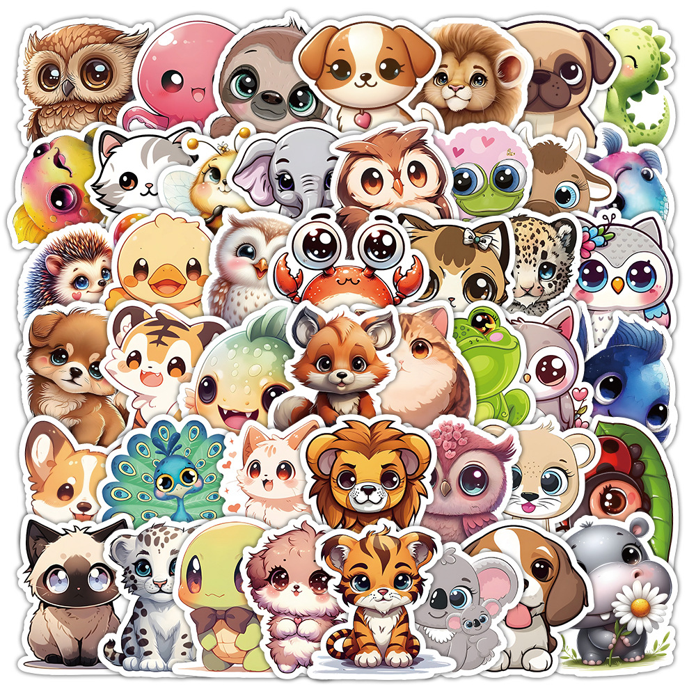 50张大眼动物贴纸亚马逊热销跨境新款卡通可爱自然小动物涂鸦贴画