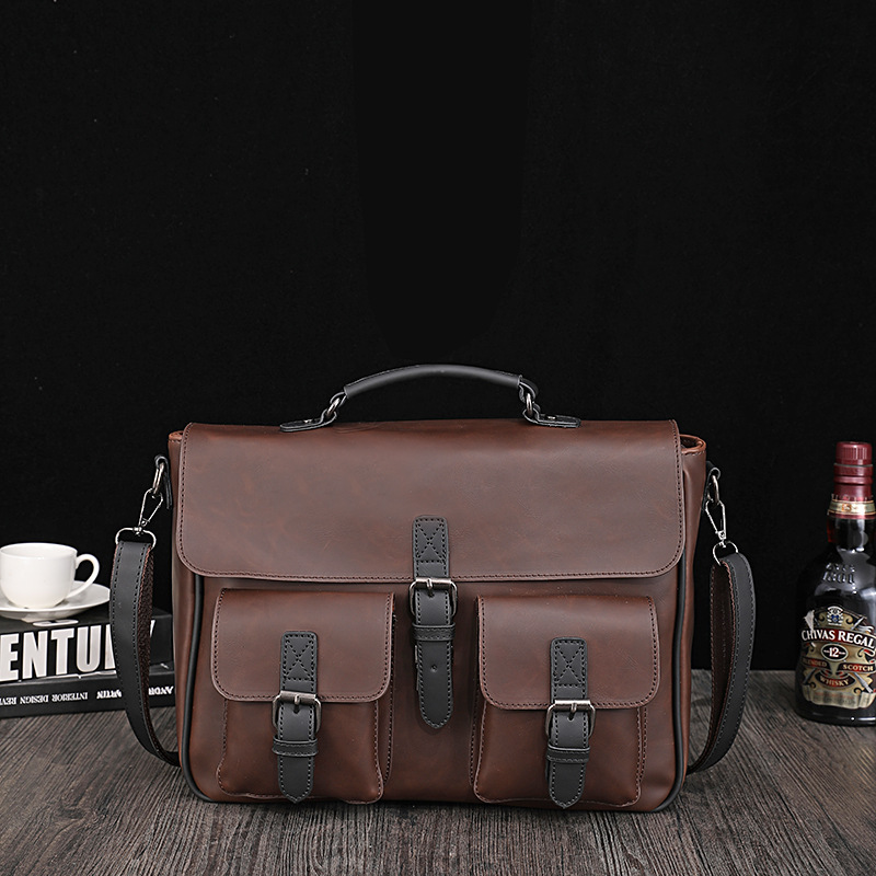 New Men's Pu Leather Casual Messenger Bag Large Capacity Men's Business Shoulder Bag Handbag Horizontal Briefcase Men