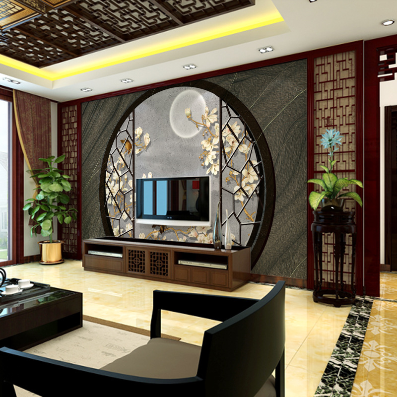 中式电视背景墙壁纸客厅影视墙壁布古典装饰平方米电视墙布花鸟印