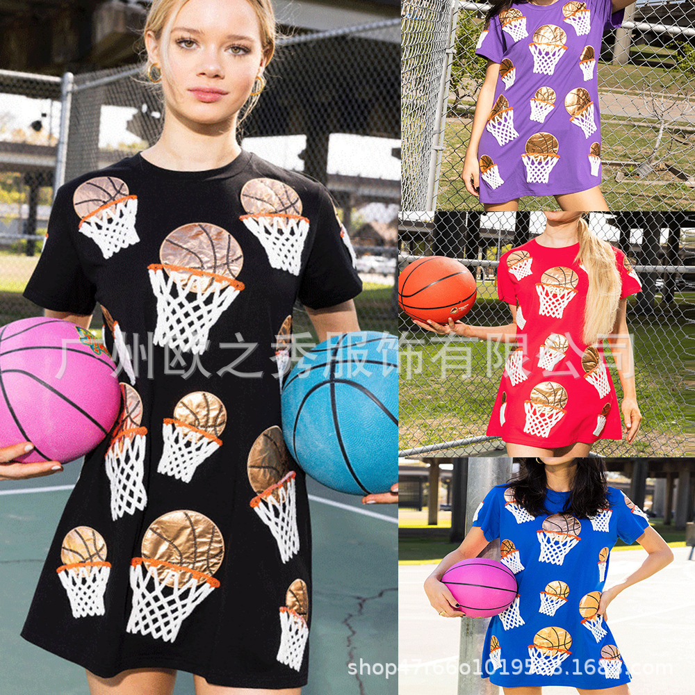 AliExpress Independent Station 2024 Summer Short Sleeve Loose Dress European and American Basketball Sequined Knitted Pullover T-shirt for Women Women Clothes