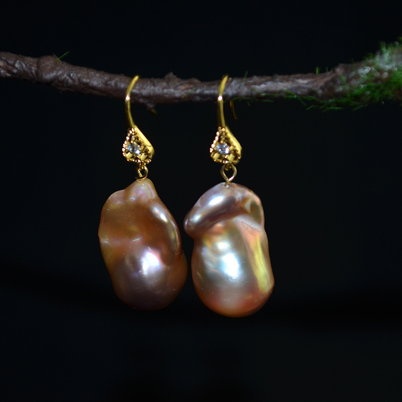 紫色炫彩牛油果油亮微瑕淡水异形巴洛克珍珠耳环耳钉耳钩耳饰耳坠