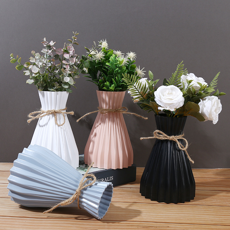 欧美北欧风条纹花瓶家居装饰折纸花瓶仿真花插花器仿陶瓷塑料花瓶