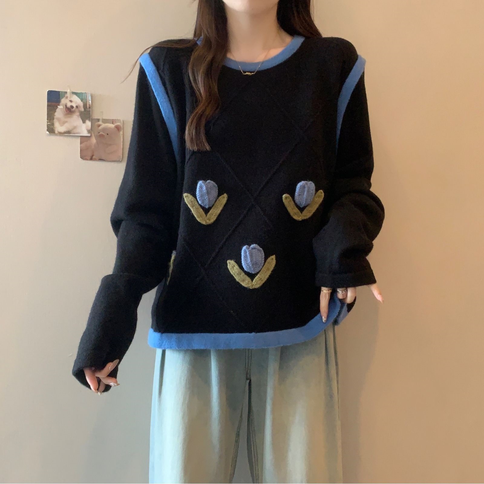 大码胖显瘦毛衣女秋冬打底衫内搭长袖上衣女小香风针织衫黑色