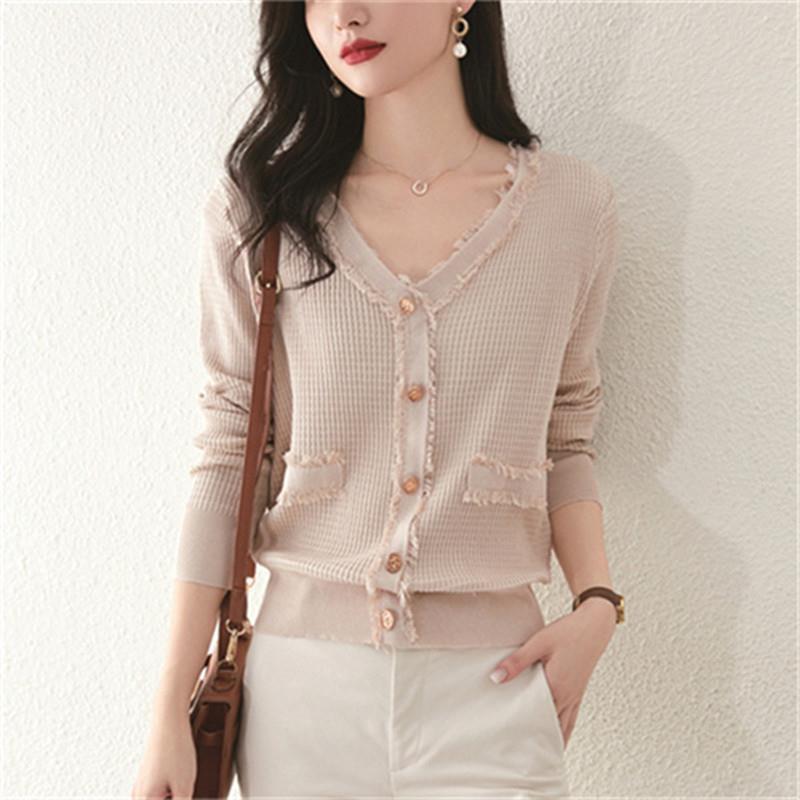 跨境~针织衫女长袖毛衣秋季韩版新款流苏小外套春秋款女装v领上衣
