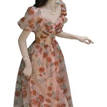 法式复古玫瑰花V领泡泡袖连衣裙夏季小众高级感气质收腰仙女长裙