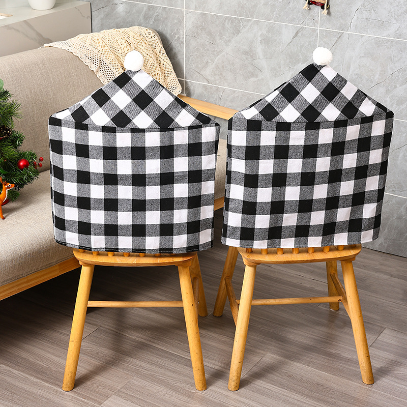 Christmas New Home Decoration Checked Cloth White Fur Ball Chair Cover Christmas Atmosphere Layout Chair Cover Hotel Decoration