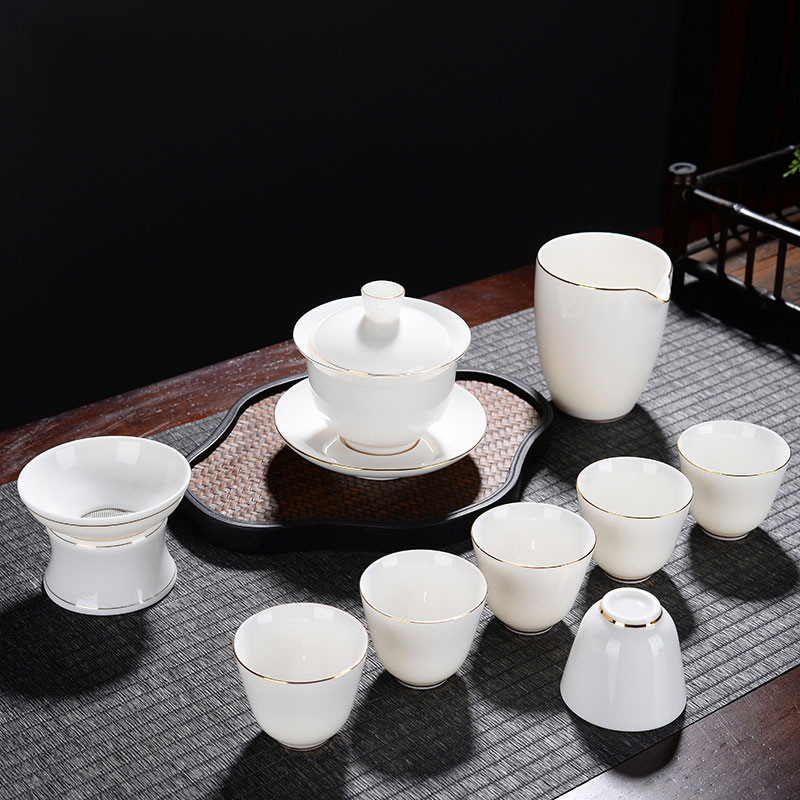 羊脂玉陶瓷白瓷功夫盖碗茶具套装礼品会客泡茶器客厅家用茶壶茶杯