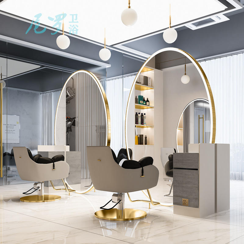 网红理发店镜台单双面美发镜子发廊可用带灯美发镜子柜子一体落地