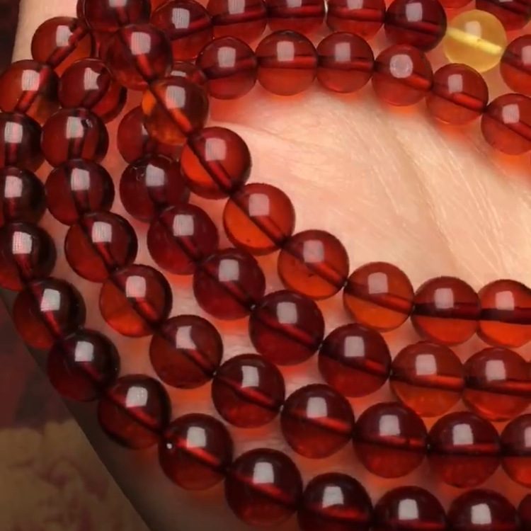 奇凡珠宝天然血珀108佛珠 佛链三圈手链晶莹剔透 玻璃体文玩配链