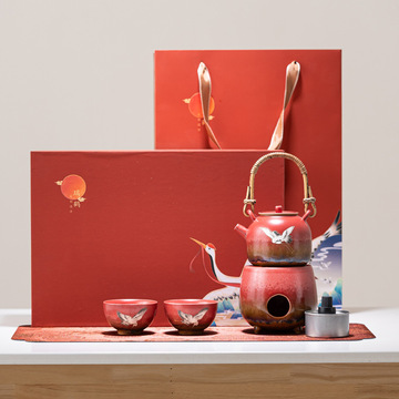 第二集国潮原创阳文煮茶炉四件套陶瓷泡茶壶茶杯宫墙故宫红礼盒装