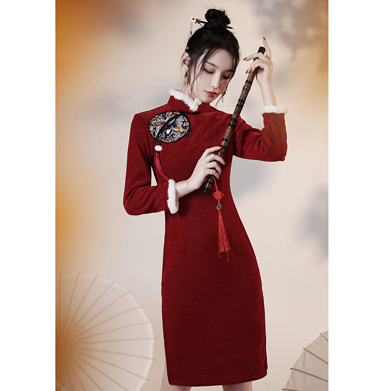 红色新年旗袍女唐装拜年服女大人过年衣服冬款加厚喜庆女装中国风