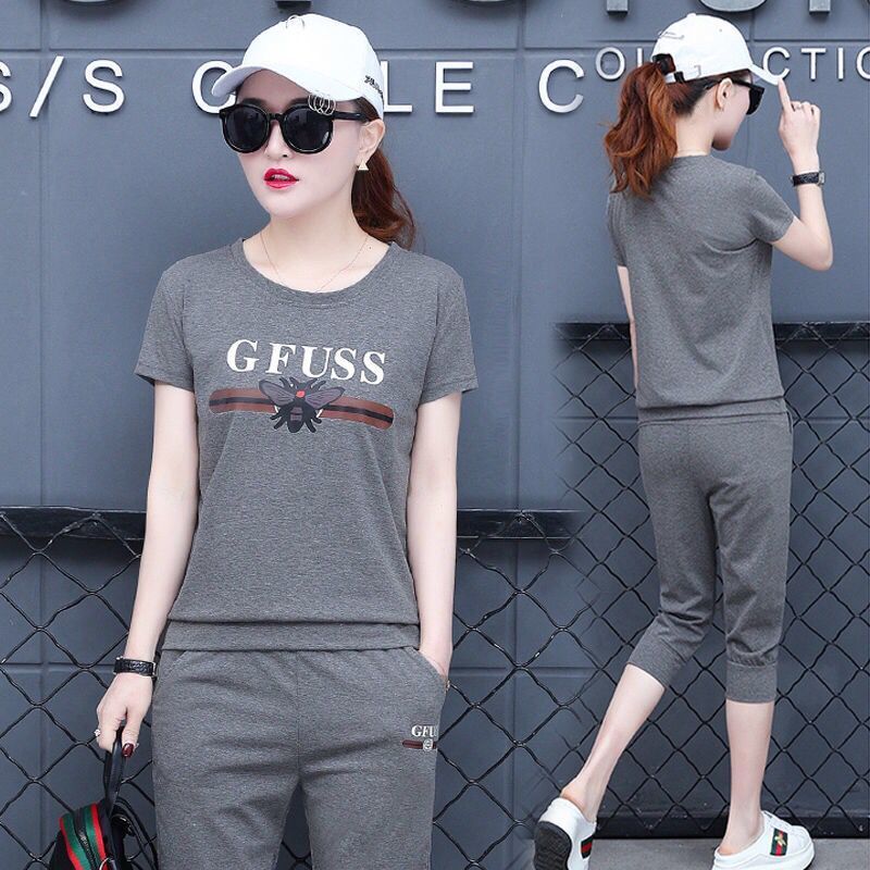 含棉休闲运动套装女夏装韩版显瘦时尚女装短袖长裤跑步服两件套