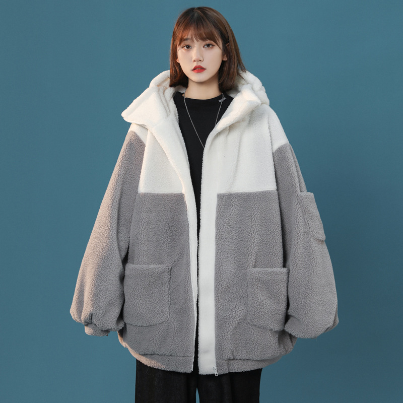 男女同款连帽加厚保暖羊羔毛外套拼色毛呢棉衣大衣风衣 yg20-5120