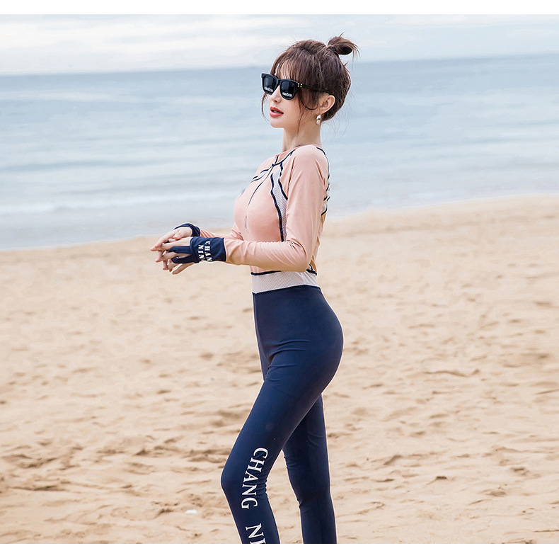 泳装女ins网红保守泡温泉长袖长裤连体冬季游泳衣2020年新款显瘦