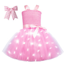 跨境童装芭比cosplay连衣裙LED蓬蓬裙粉色花童裙生日派对舞会礼服