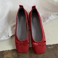 【现货】复古国风配旗袍红色平底婚鞋女春秋法式温柔低跟芭蕾单鞋