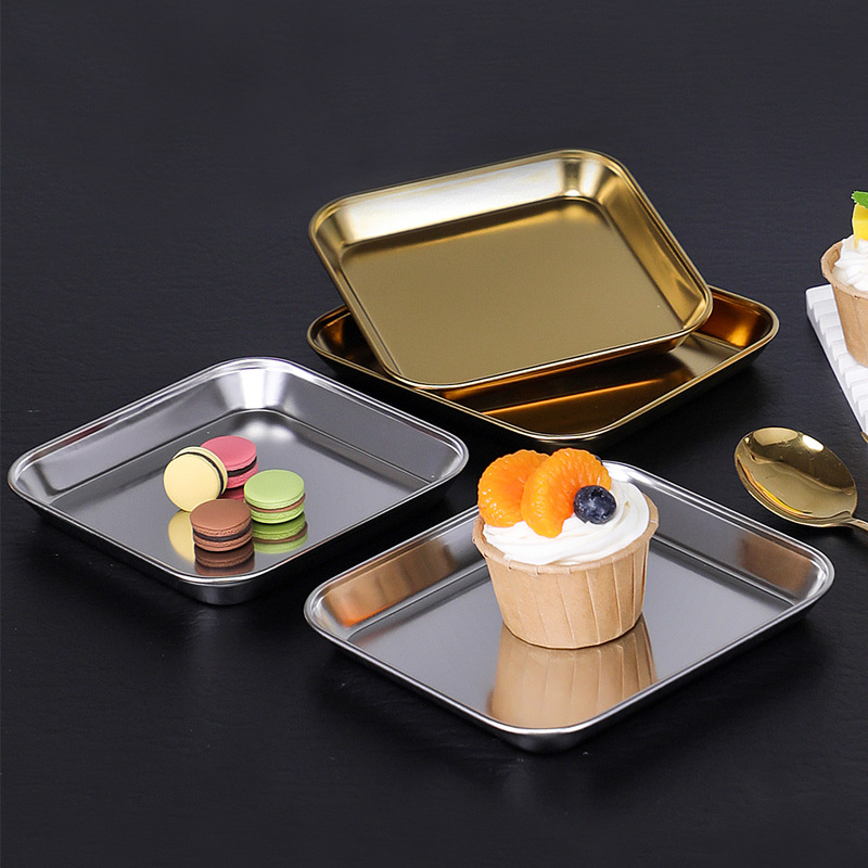 304 Korean Style Barbecue Plate Snack Tray Rectangular Golden Plate Dish Creative Flat Bottom Plate Dessert Plate Snack Dish