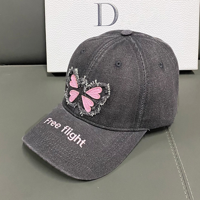 2024 New Washed Denim Butterfly Patch Baseball Cap for Women Spring and Summer Versatile New Face Small Fashion Peaked Cap for Men