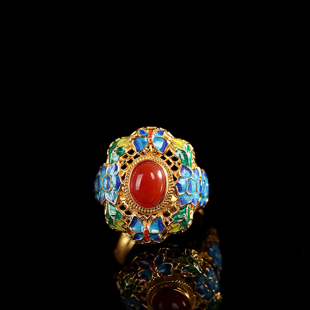 人品银品文艺民族风手饰s925银镀金烧蓝南红玛瑙戒指景泰蓝女指环