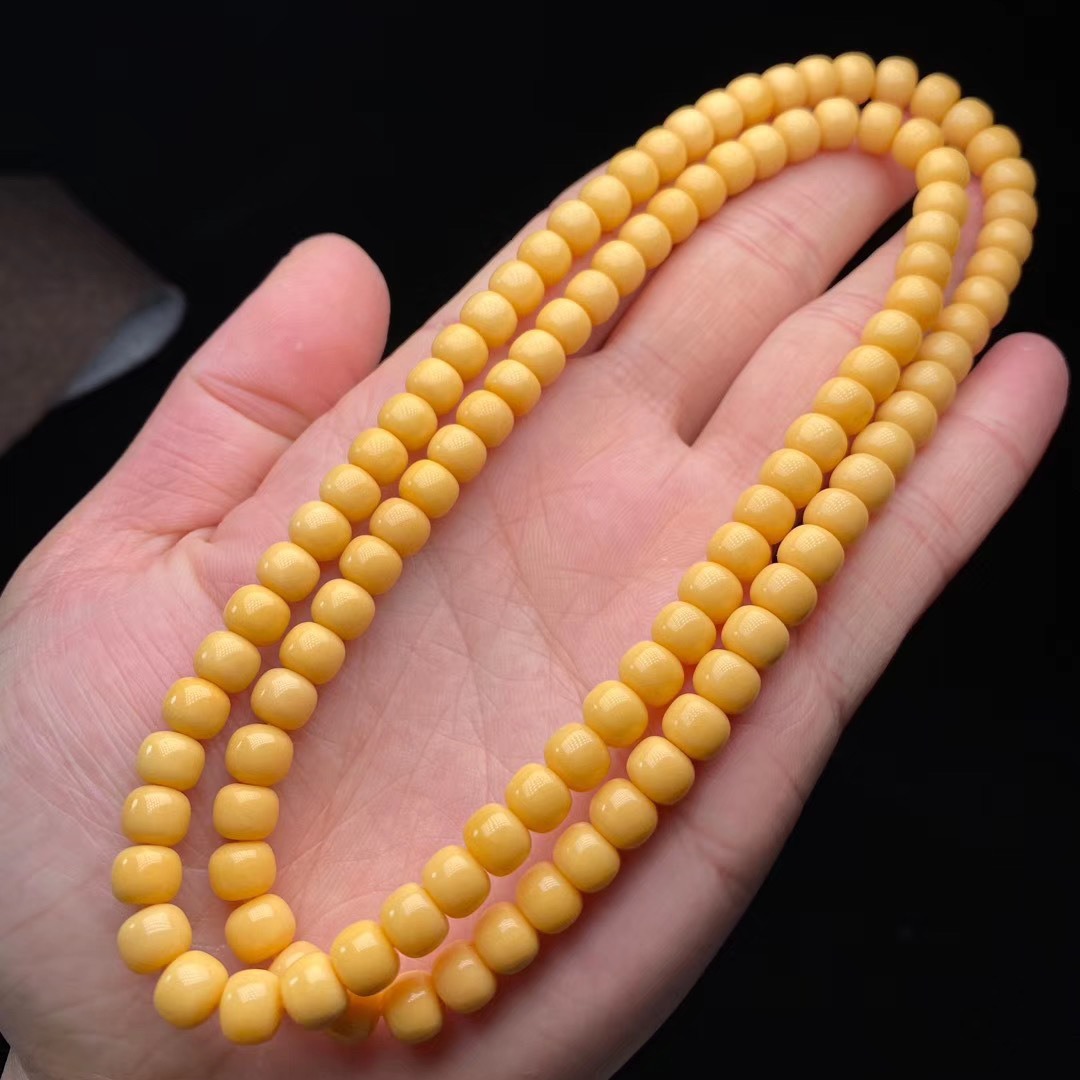 缅甸黄玉多圈手串满肉108老型手链鸡蛋黄男女款 天然缅黄玉华珠链