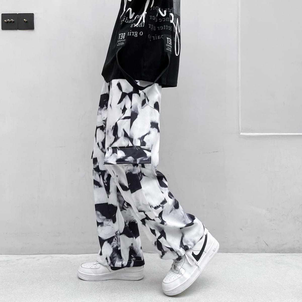 黑白迷彩扎染美军工装裤子高街ins潮日系oversize裤子男夏季薄款