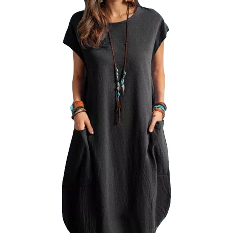 2022 Spring/Summer European and American Amazon Independent Station Ebay Cotton Linen Loose Casual Solid Color Pocket Dress for Women