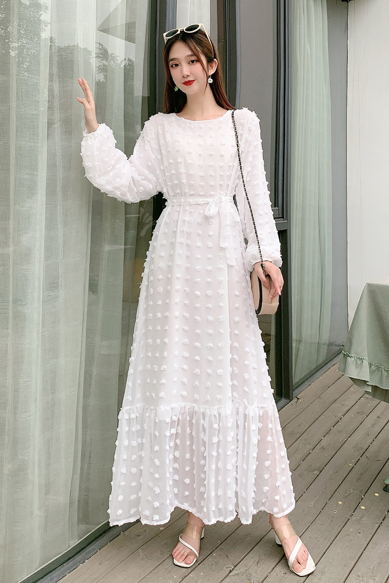 2021秋装新款韩版超仙甜美裙子中长款收腰荷叶边连衣裙大摆裙长裙