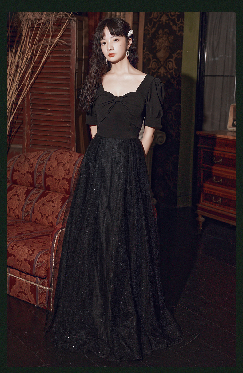 黑色晚礼服女2021新款秋冬声乐艺考法式成人礼宴会气质年会连衣裙