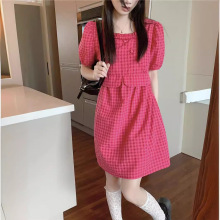 现货实拍~韩版法式宫廷风洋气泡泡袖格子连衣裙短袖中长款裙子