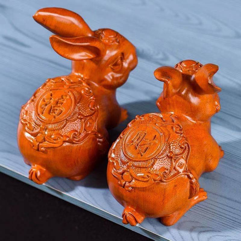 福财兔木质摆件 复古手雕木雕刻动物 创意家居礼品中式木质工艺品