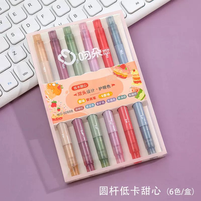 Fragrance 6 Colors Fluorescent Pen Set Wholesale Student Color Marker Double-Headed Multi-Color Marking Pen Highlighter