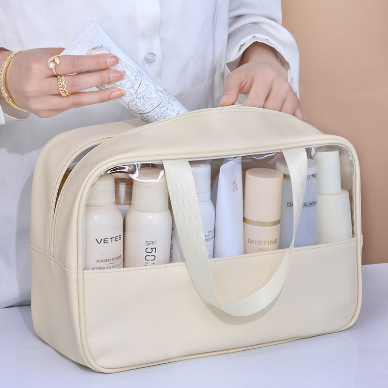 New Transparent Cosmetic Bag Portable Pu Portable Waterproof Wash Bag Large Capacity Storage Bag PVC Stitching Cosmetic Bag