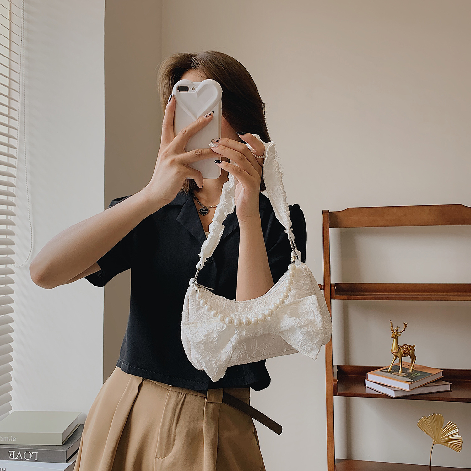 Fall 2021 New Bags Women's Fashion Lace Bow Pearl Underarm Bag Ladies Shoulder Bag Trendy Crossbody Bag