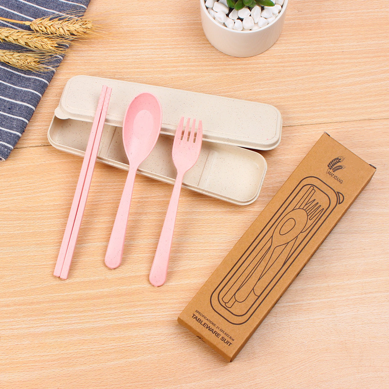 Creative Wheat Straw Spoon Chopsticks Fork Tableware Three-Piece Set Solid Color Household Portable Environmental Protection Cutlery Box Gift Box Wholesale