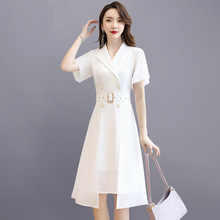 连衣裙女夏季2022年新款清新收腰显瘦气质洋气白色雪纺西装裙子