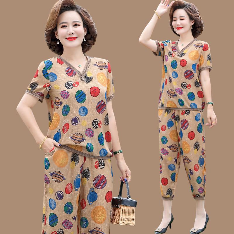 妈妈洋气棉麻上衣服两件套中年女夏装棉绸短袖恤中老年套装-阿里巴巴