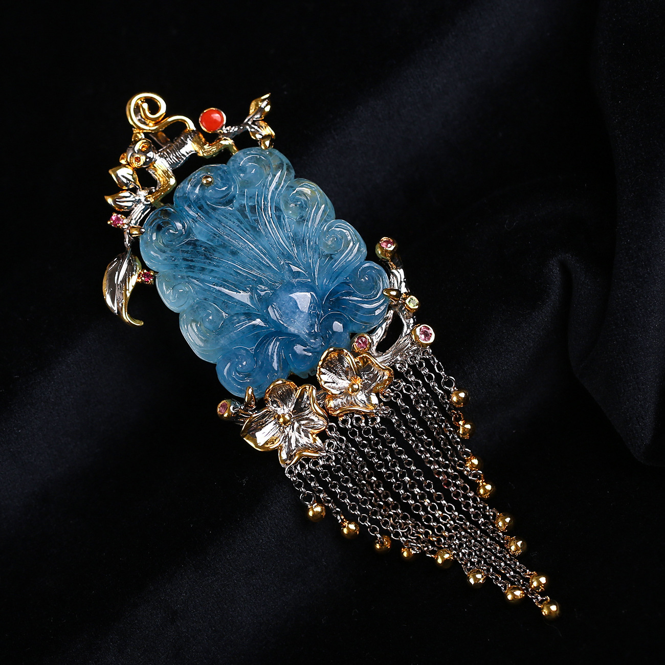 海蓝宝雕刻九尾狐镶嵌925银双色金工艺流苏款吊坠项链项圈套装