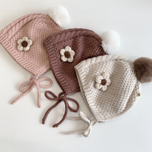 韩版女童毛线帽冬季可爱花朵针织宝宝护耳帽双层保暖婴儿套头帽子