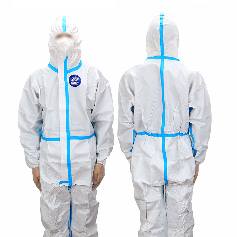 振德医疗一次性医用防护服 防疫连体连帽蓝白贴条病房门诊防护服