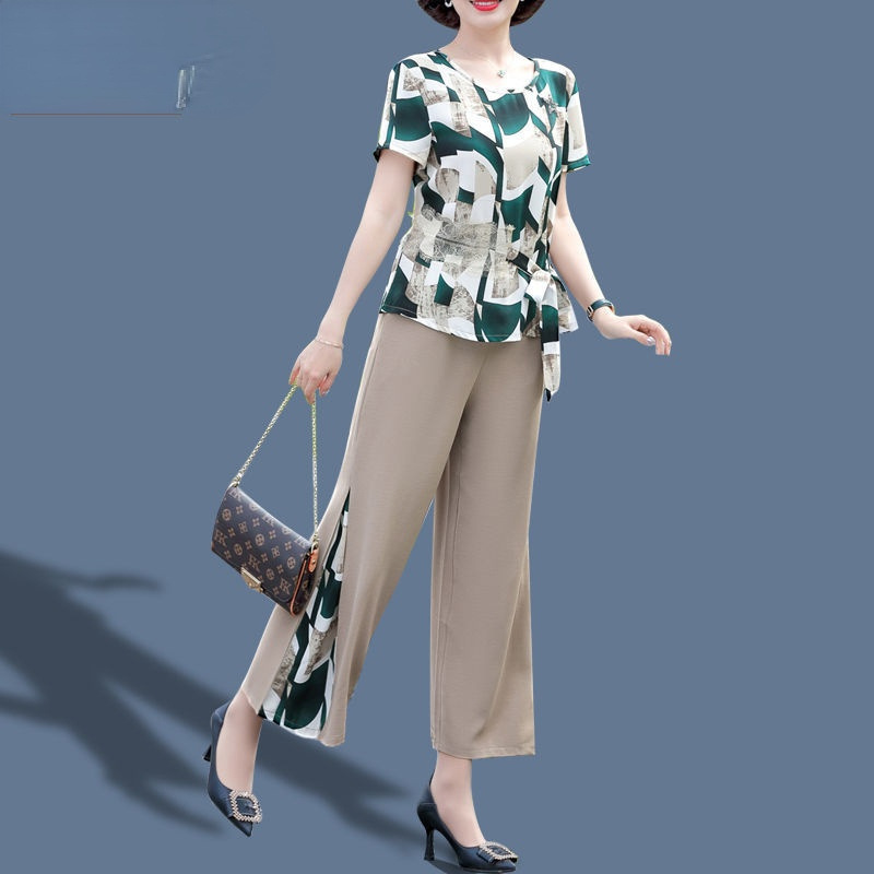 妈妈装夏装套装4050岁时尚休闲两件套洋气宽松中年女装雪纺衫短袖